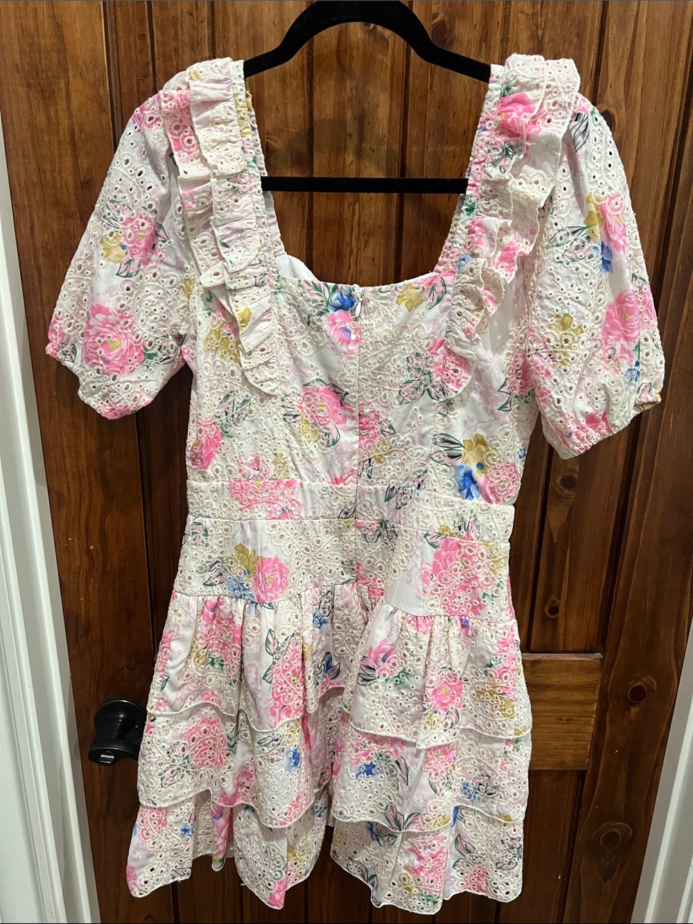 Adelyn Rae Pink Floral Eyelet Ruffle Mini Dress - Picture 2 of 5
